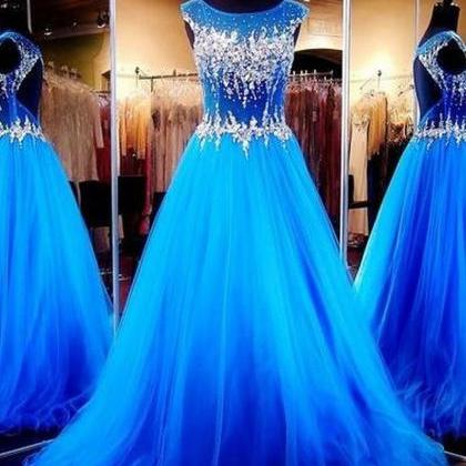 Royal Blue Crystals Luxury Prom Dresses Capped..