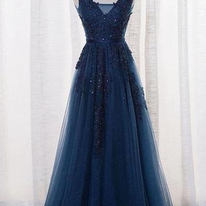 Elegant Tulle Prom Dress Lace Prom Dress Navy Blue..