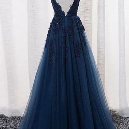 Elegant Tulle Prom Dress Lace Prom Dress Navy Blue..