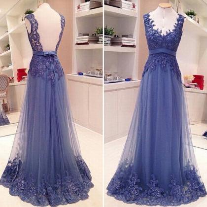 Royal Blue Prom Dress Lace Prom Dress Backless..