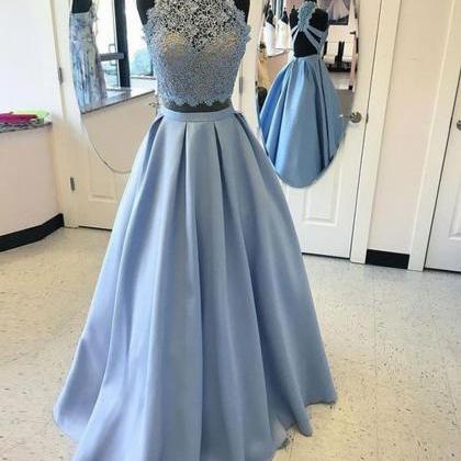 Blue Two Pieces Lace Long Prom Dress High Neck..