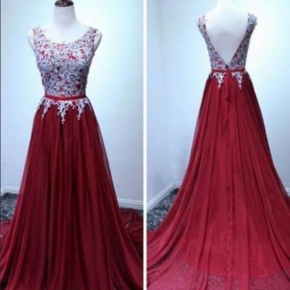 Dark Red Chiffon Prom Dresses Lace Prom Dresses..