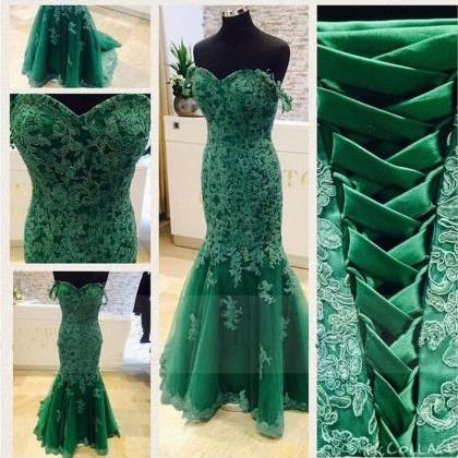 Mermaid Tulle Prom Dresses Lace Appliques Prom..
