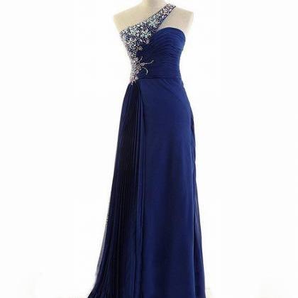 One Shoulder Dark Blue Chiffon Prom Dresses..