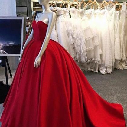 Dark Red Ball Gown Satin Prom Dress..