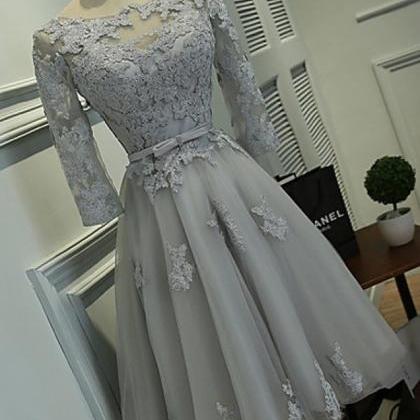 Light Grey Tulle Homecoming Dresses Lace Appliques..