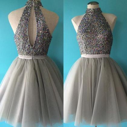 Light Grey Short Tulle Homecoming Dresses Crystals..