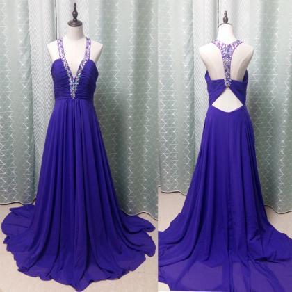 V-neck Long Chiffon Prom Dresses Crystals Purple..