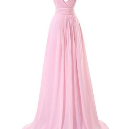 V-neck Long Chiffon Bridesmaid Dresses Pink Women..