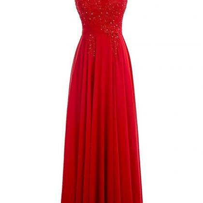 Scoop Neck Long Chiffon Prom Dresses Red Crystals..