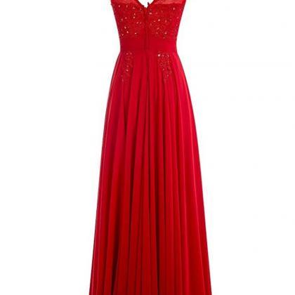 Scoop Neck Long Chiffon Prom Dresses Red Crystals..
