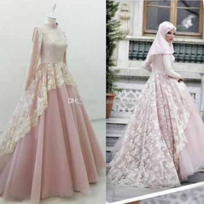 Gorgeous Muslim Evening Dress High Neck Lace Tulle..