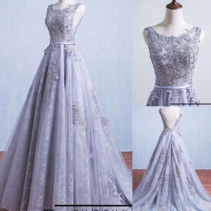 Silver Sheer Long Prom Dresses Tulle/lace A Line..