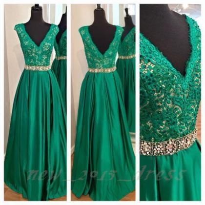 Emerald Green Lace V-neck Long Prom Dress Formal..
