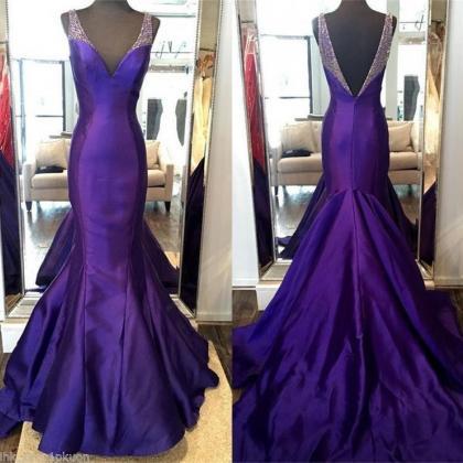 Purple Beaded Mermaid Prom Evening Dresses V Neck..
