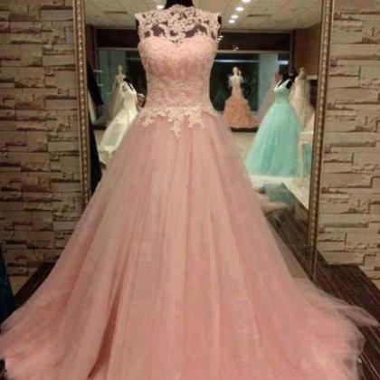 Pink Ball Gown Lace Tulle Pageant Appliques Prom..