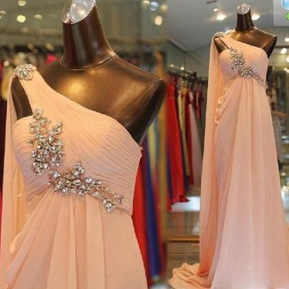 Pretty One Shoulder Pink Chiffon Long Prom Dresses..