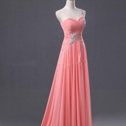 Pink One-shoulder Simple Prom Dress With Beading..