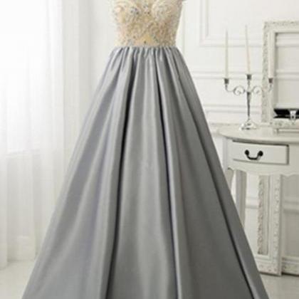 O-neck Grey Satin Prom Dresses Crystals Women..