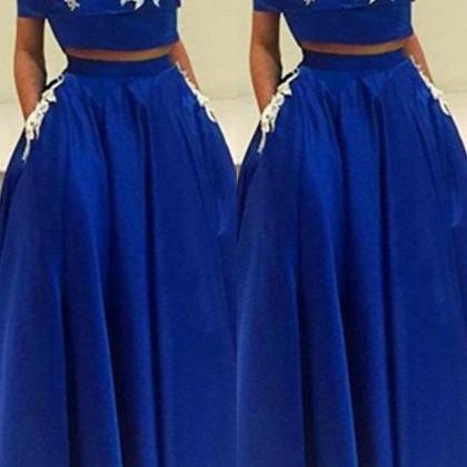 Royal Blue Satin Prom Dresses Two Parts Appliques..
