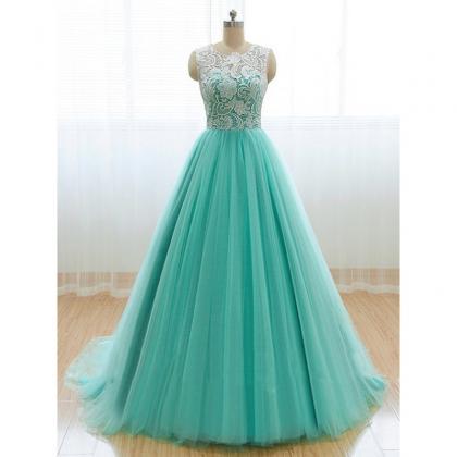 Light Blue Lace Prom Dress Tulle Prom Dress O-neck..