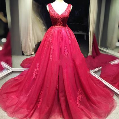 Wedding Gown Red Prom Dress Lace Prom Dress V Neck..