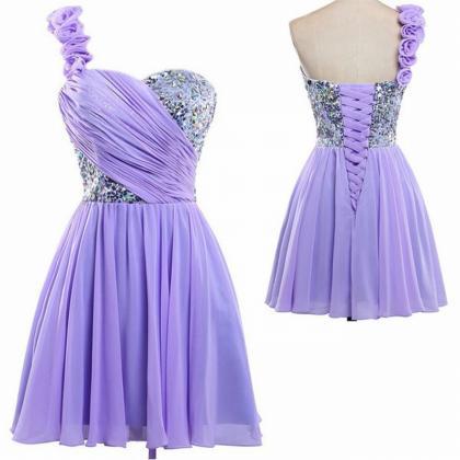 Short Purple Bridesmaid Dress One Shoulder..