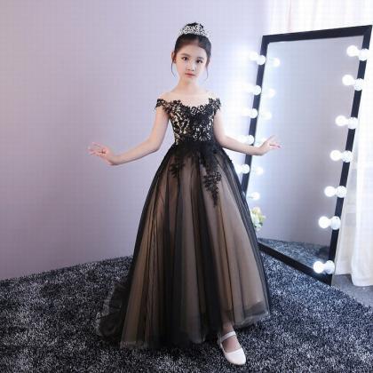 Princess Lace Flower Girls Dress Kids Dress Black..