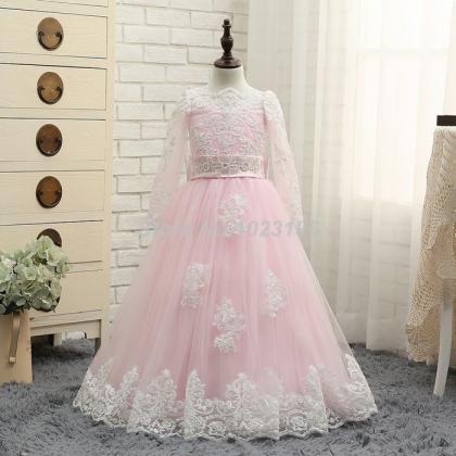 Pink Flower Girl Dresses White Lace Long Sleeves..