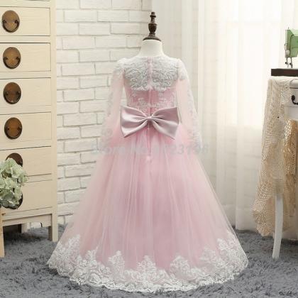 Pink Flower Girl Dresses White Lace Long Sleeves..