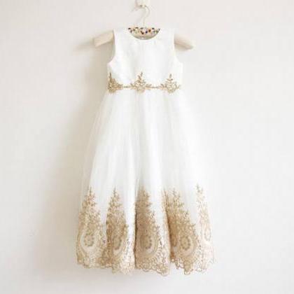 Flower Girl Dress With Gold Embroidery Floor..