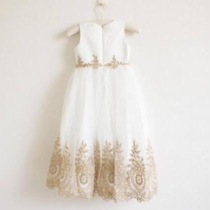 Flower Girl Dress With Gold Embroidery Floor..