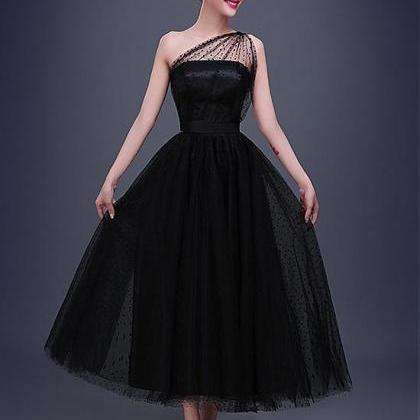 Black Tea Length Formal Prom Gown Elegant Dot..