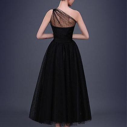 Black Tea Length Formal Prom Gown Elegant Dot..