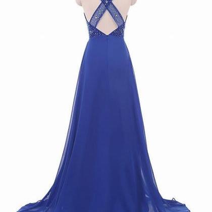 Rhinestone Scoop Neck Chiffon Long Dress Turquoise