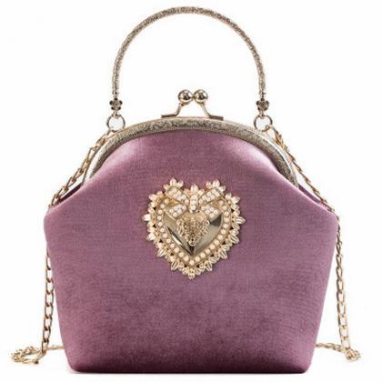 Female Velvet Pearl Handbag Vintage Velour Heart..