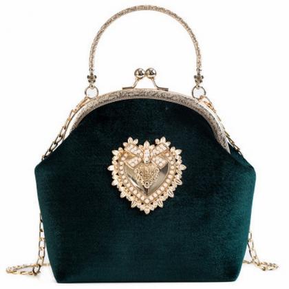 Female Velvet Pearl Handbag Vintage Velour Heart..