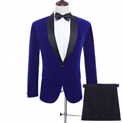 Royal Blue Men Suit Classic 2 Pieces Set Velvet..