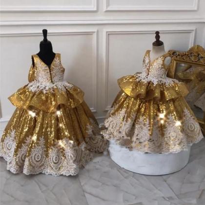 Gold Sequined Ball Gown Girls Pageant Dresses 2019..