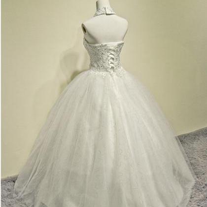 Floor Length Lace Wedding Dress Halter Beading..