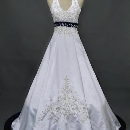 Formal Embroidery Halter Satin Long Ball Gown..