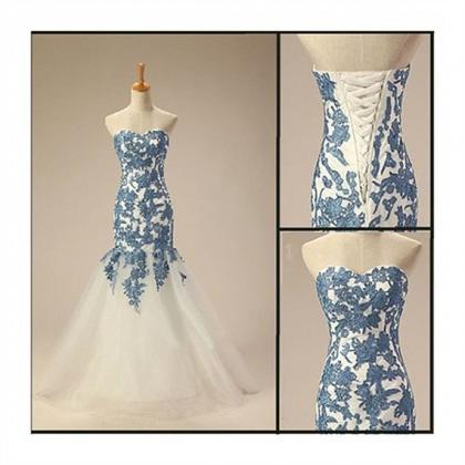 Lace Applique Blue Mermaid Long Evening Dress Prom..