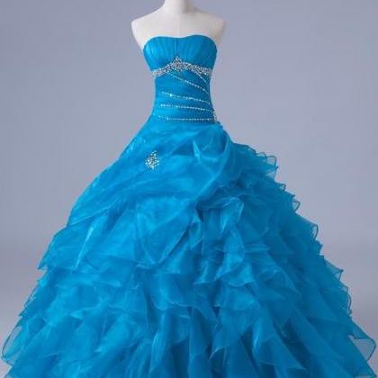 Blue Quinceanera Dress Organza Beading Ruffle Ball..