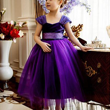 Formal Purple Flower Girl Dresses Tea Length Tulle..