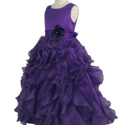 Purple Ruffle Floor Length Flower Girl Dresses..