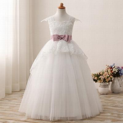 White Lace Sleeveless Flower Girl Dress With Waist Bow for Weddings - First Communion Dresses for Little Girls