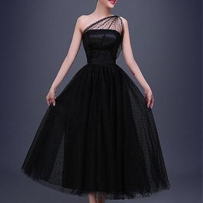 Black Tea Length Formal Prom Gown Elegant Dot Tulle One-Shoulder Neckline A-line Evening Dress 18LF28