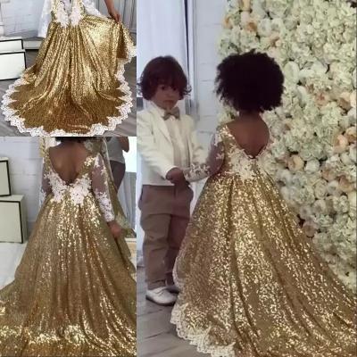 Blingbling Gold Sequins Flower Girl Dresses Lace Appliques Long Sleeve Girls Pageant Dress for Child Birthday Dresses Jewel Neck Sweep Train 155
