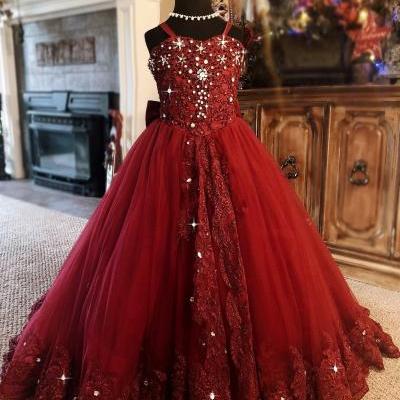 Red Ball Gown Flower Girl Dress Spaghetti Rhinestone Applique Wedding Party Tulle Lace Sleeveless Floor Length Princess Girl Dress