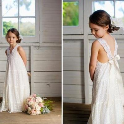 V Neck Floor Length Flower Girl Dresses Children Birthday Dress Lace Kids Wedding Party Dresses WLJ113